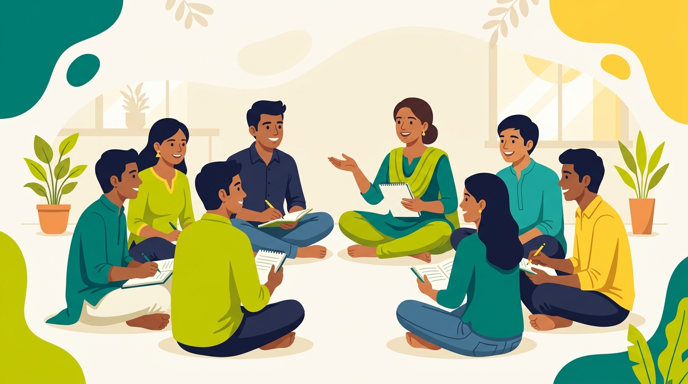 Illustration of Indian adolescents and young adults sitting in a circle during a Sachet Foundation program session